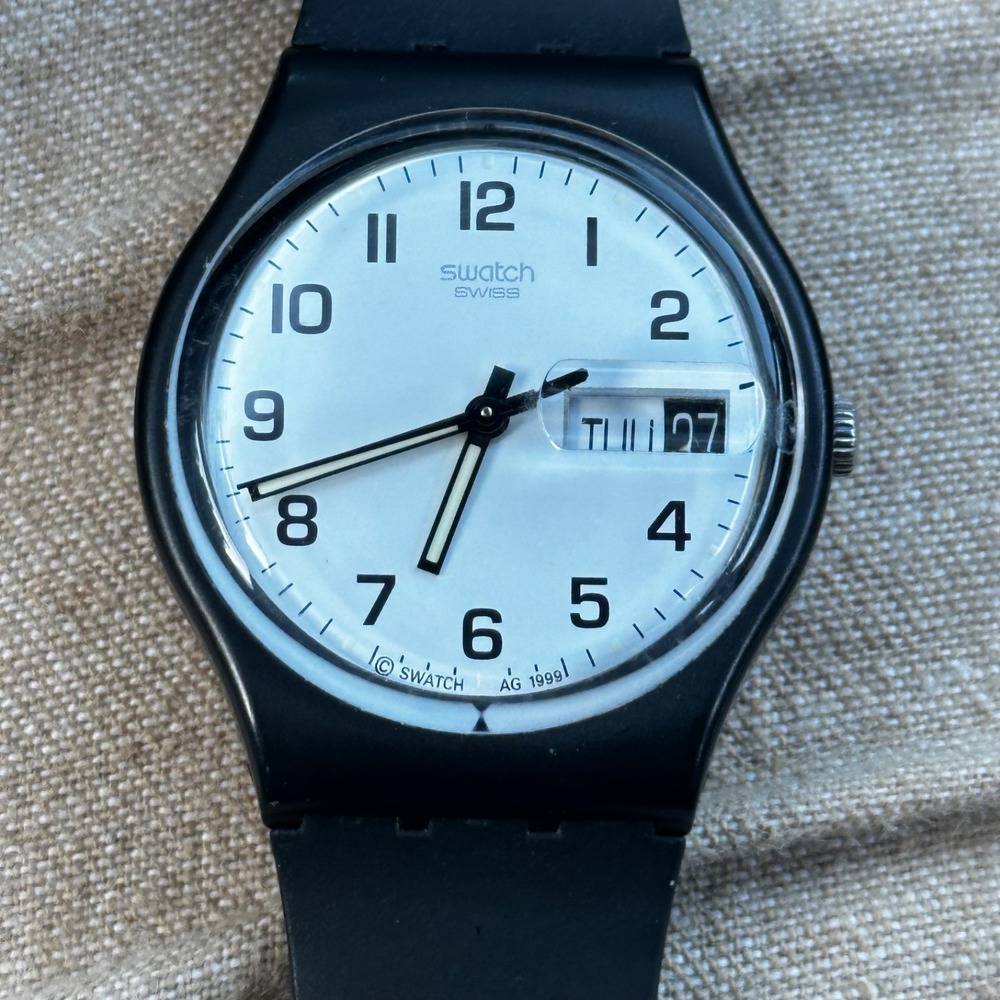 Vintage SWATCH Once Again GB743 Day Date B&W 1999 34mm New Battery - Needs Band
